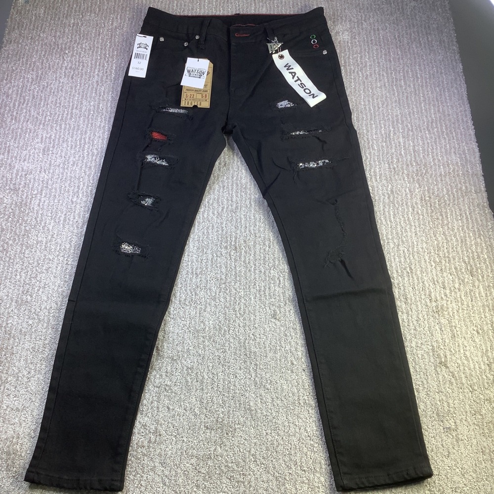 WATSON Denim‎ Black Distressed Ripped Embellished Slim Fit Jeans Mens 32 x 30.5